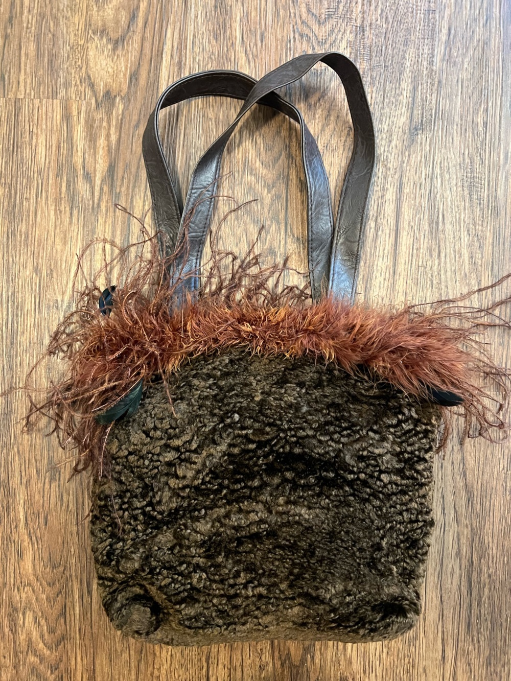 Faux Shearling Tote with Feather Trim - Brown 90s Y2K purse fuzzy furry purse - Picture 8 of 8